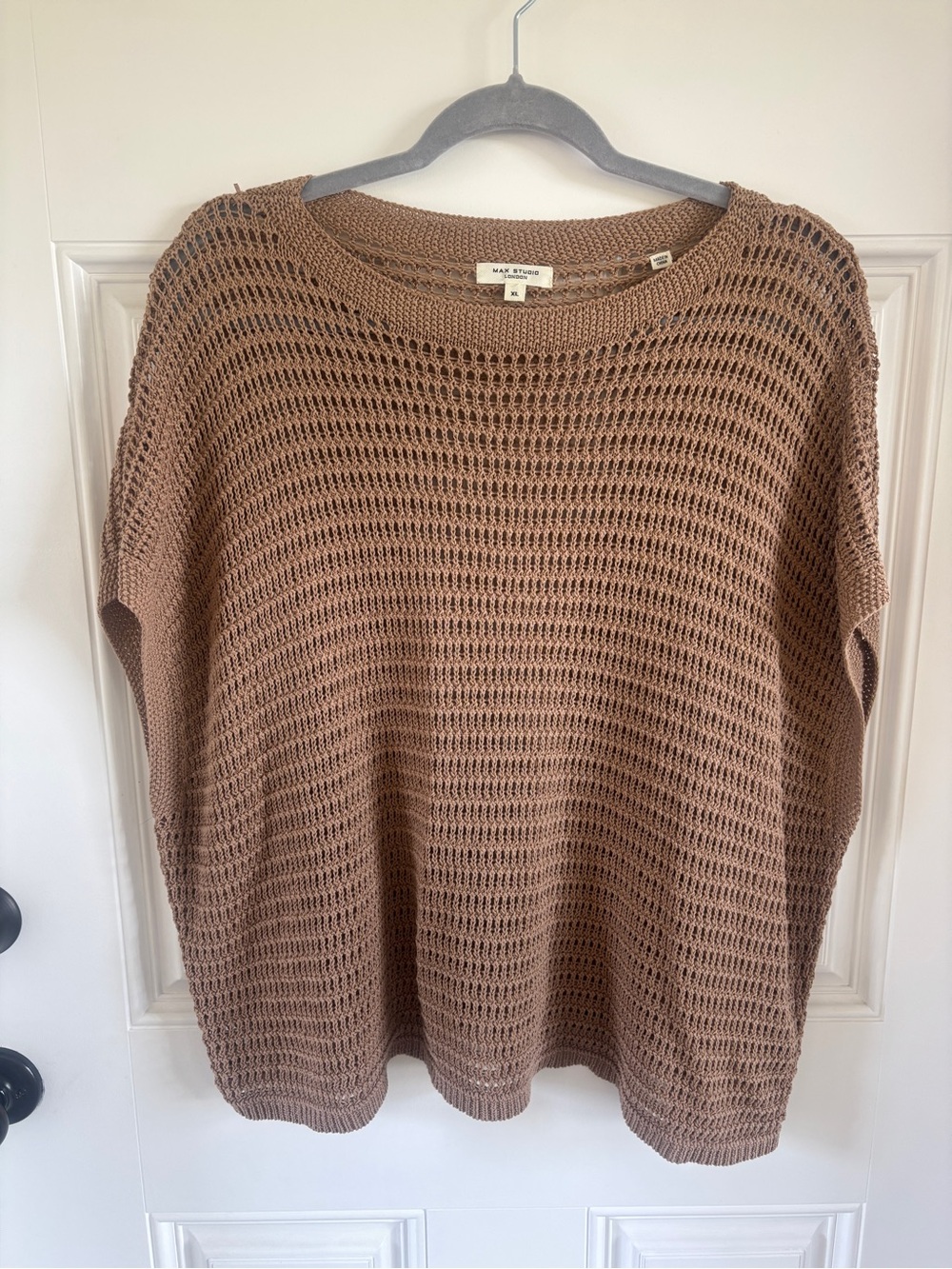 Max Studio Open-Knit Short Sleeve Sweater - Brown